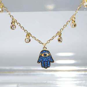 RI01468þCollier Lucky Charms Main De Fatma Bleue Doree