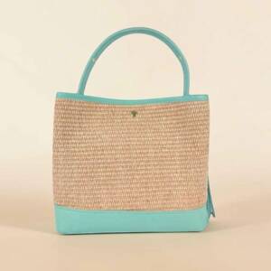 FL00005þSac Cabas Cuir & Raphia avec Pompon Capri Vert D’eau