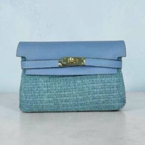 FL00011þPochette Cuir & Raphia Positano Bleu